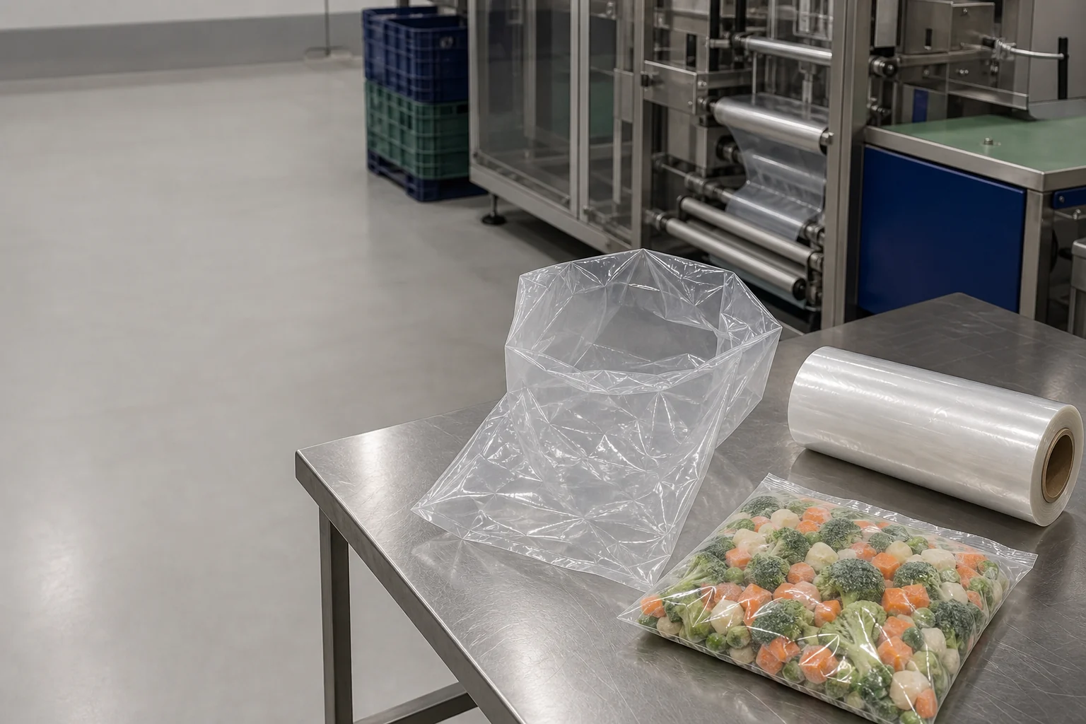 Filme e saco transparente em aplicação industrial de alimentos — imagem ilustrativa