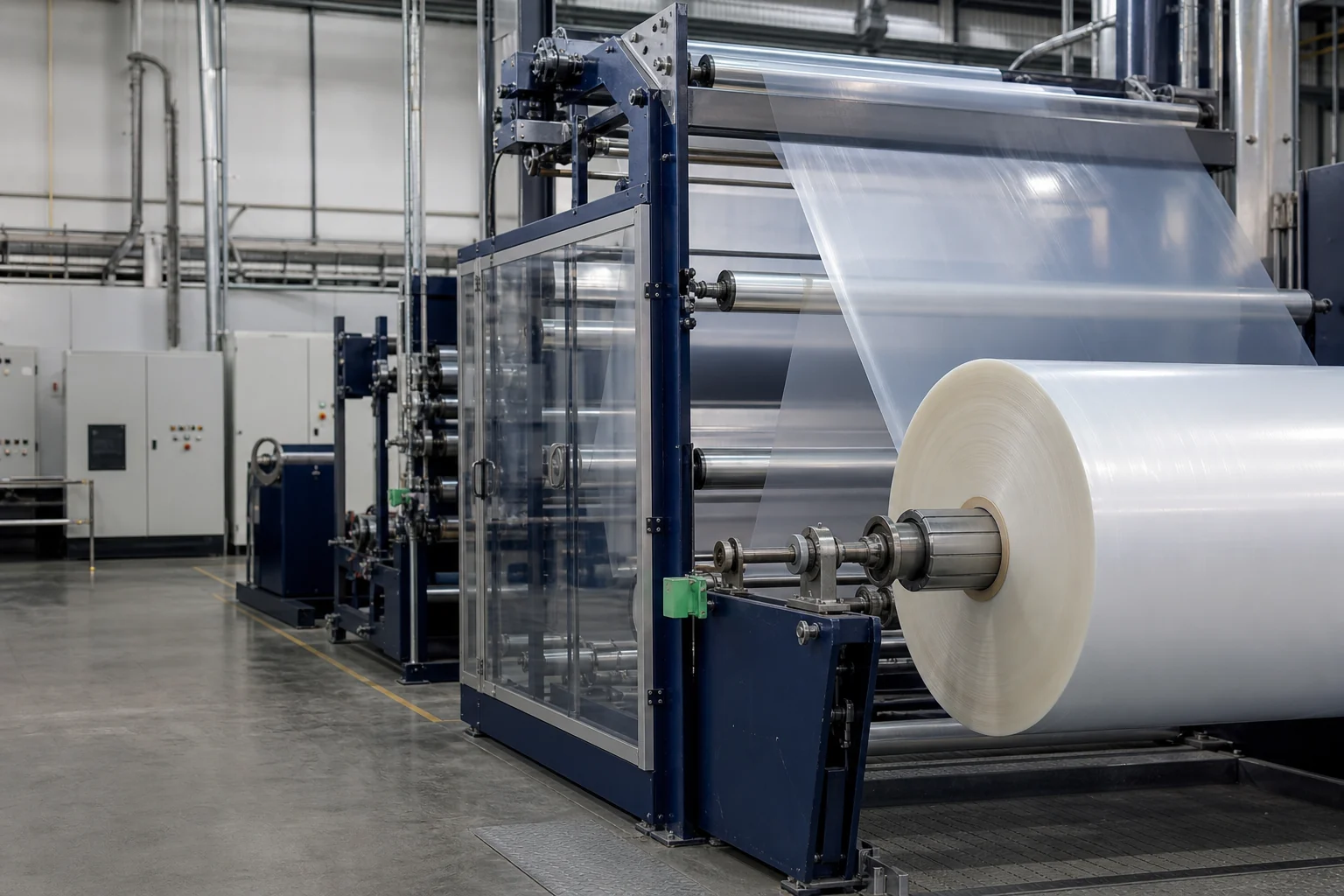 Processamento contínuo de filme plástico em linha industrial — imagem ilustrativa